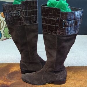 Marc Fisher MFAGNES - Size 8 Tall Brown Suede Boots With Buckle And Full Zipper